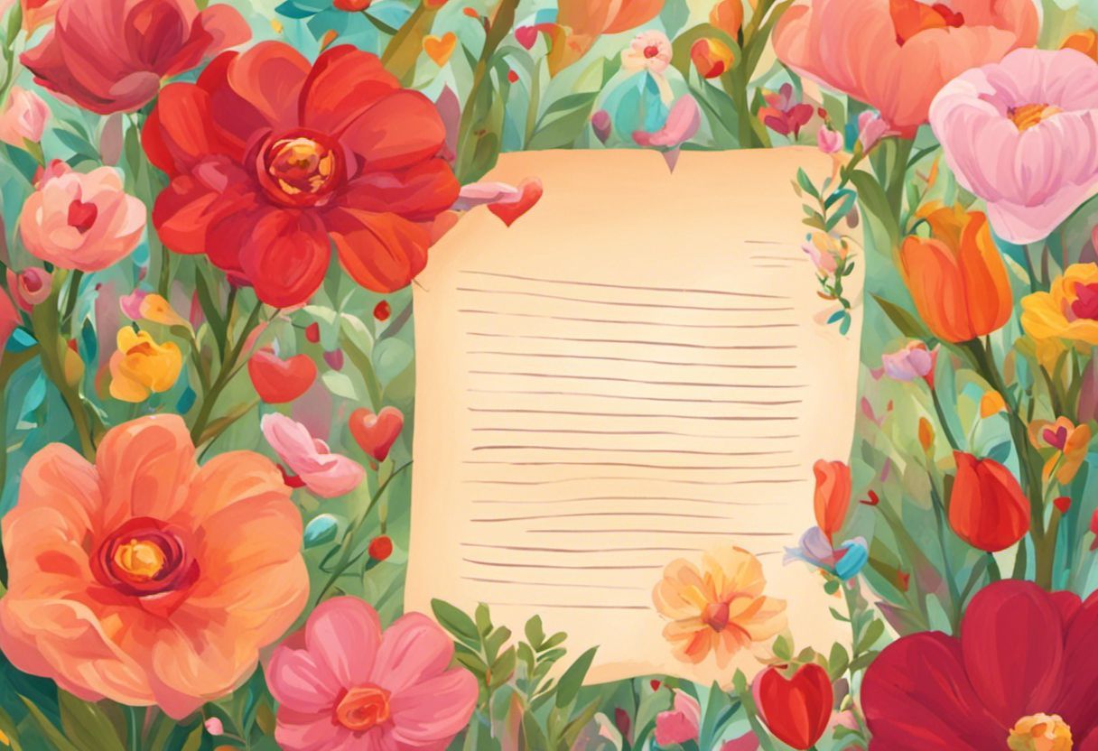 Colorful love letter with hearts and flowers.